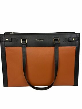 Rainsmore Colorblock Laptop Tote Bag Black Cognac Faux Leather Work Business